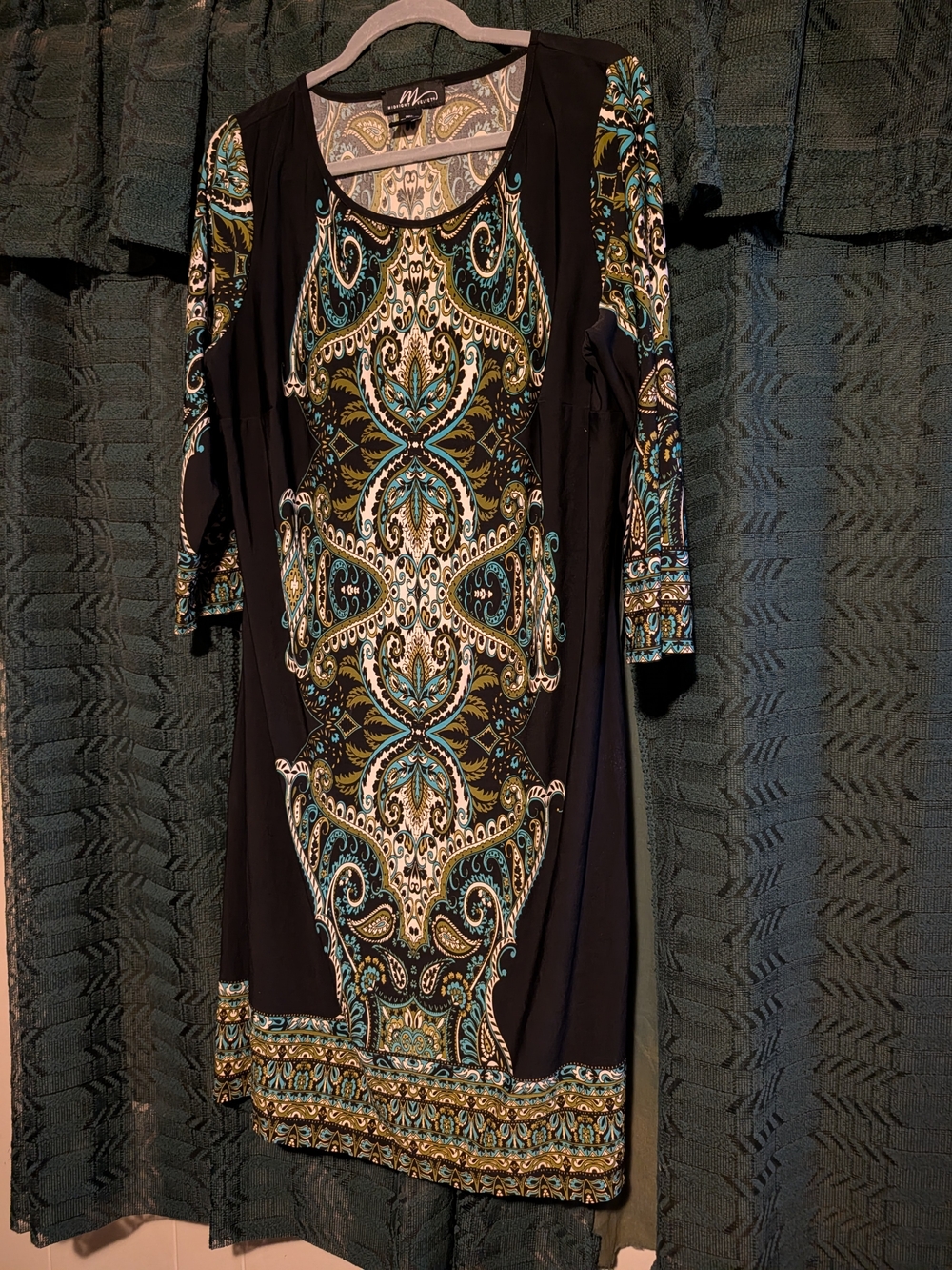 Midnight Velvet Black Dress with Teal and Gold Paisley Print